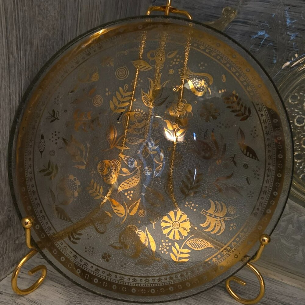 Georges Briard Vintage Gold Floral Glass Shallow Bowl (Signed) – MCM